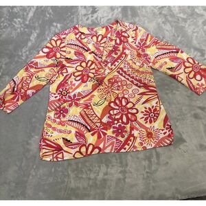 Choices women's Sz M 100% linen floral 3/4 sleeve tunic‎ BOHO Bright Colorful